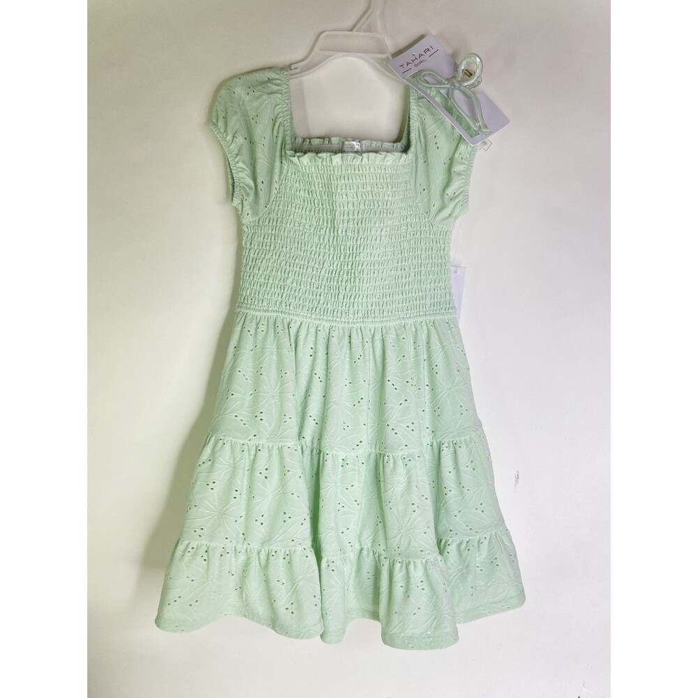 Tahari Girl Fit &Flare Dress Smocked Green Matching Hair Claw Clip Girls Size 5